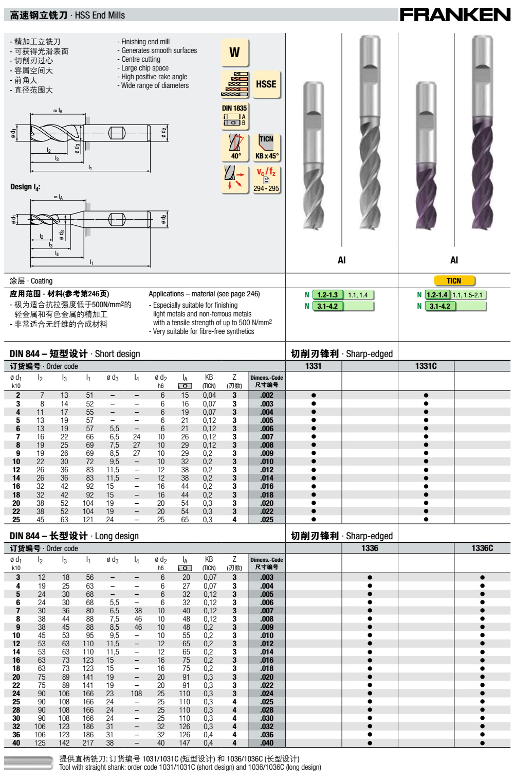 铝合金HSSE 含钴高速钢刃立铣刀1331C,13